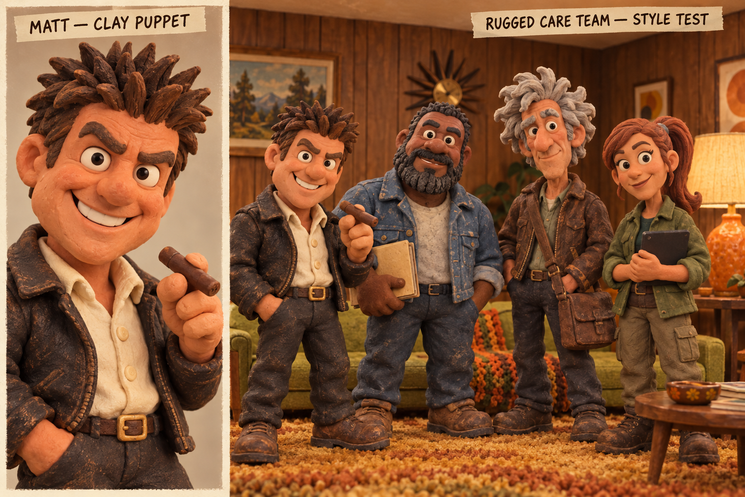 Mattverse claymation characters: Matt and the Care Team together in a cozy living room